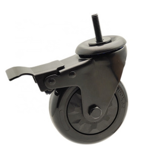 4 inch thread stem casters swivel with metal brake caster black PU industrial caster wheel