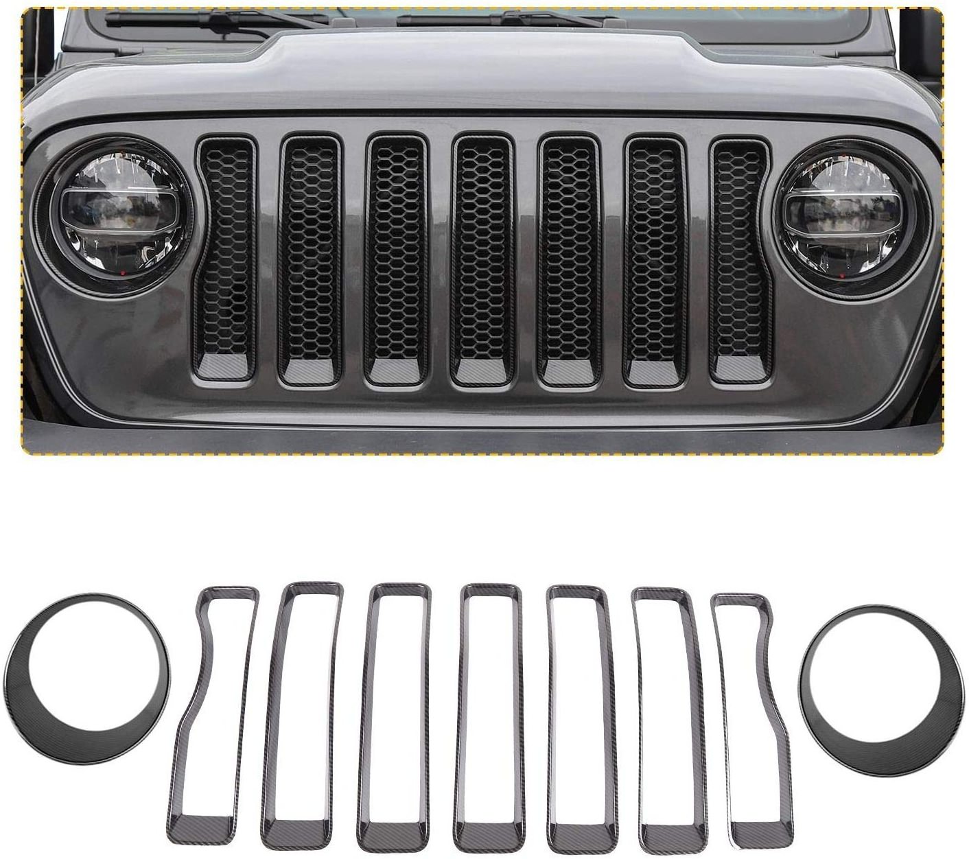 Black Front Grille Insert and Headlight Light Cover Trim Fit For 2018 Jeep Wrangler JL Sport/Sports