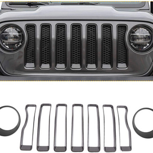 Black Front Grille Insert and Headlight Light Cover Trim Fit For 2018 Jeep Wrangler JL Sport/Sports