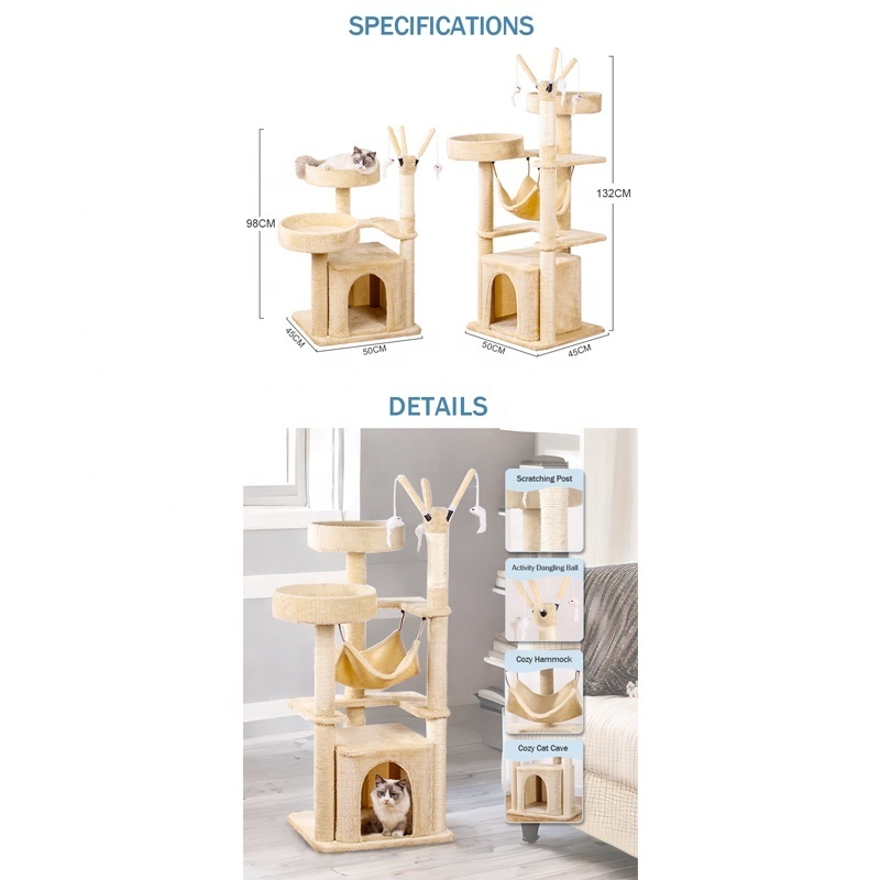 Bunnyhi MPJ001 Best Selling Plush Multi-Level Cat Condo Furniture Cat Tower Tree With Cozy Hammock And Cats Scratching Post