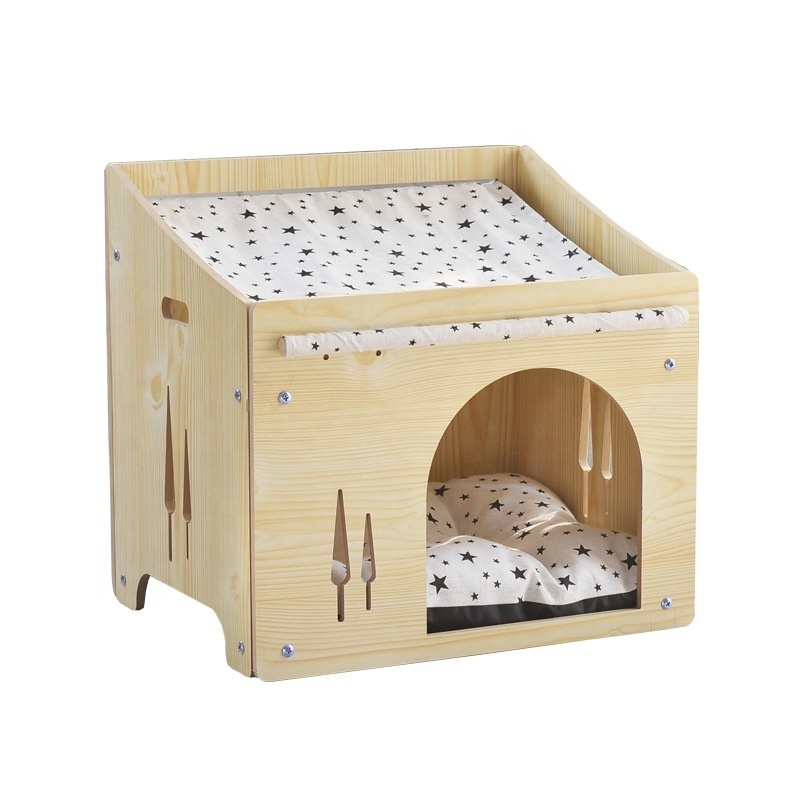 Bunnyhi PET043 Removable Dog Cat Nest Solid Cat Hammock Bed Washable Wooden Cardboard Cat House With Bed For Indoor Outdoor Rest