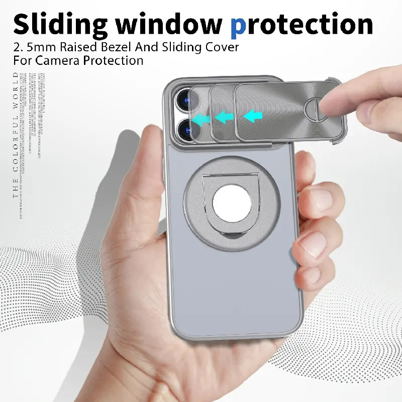 Slide Window Camera Protect Phone Cover for iPhone 11 12 13 14 15 Translucent Frosted Finger Holder Phone Case