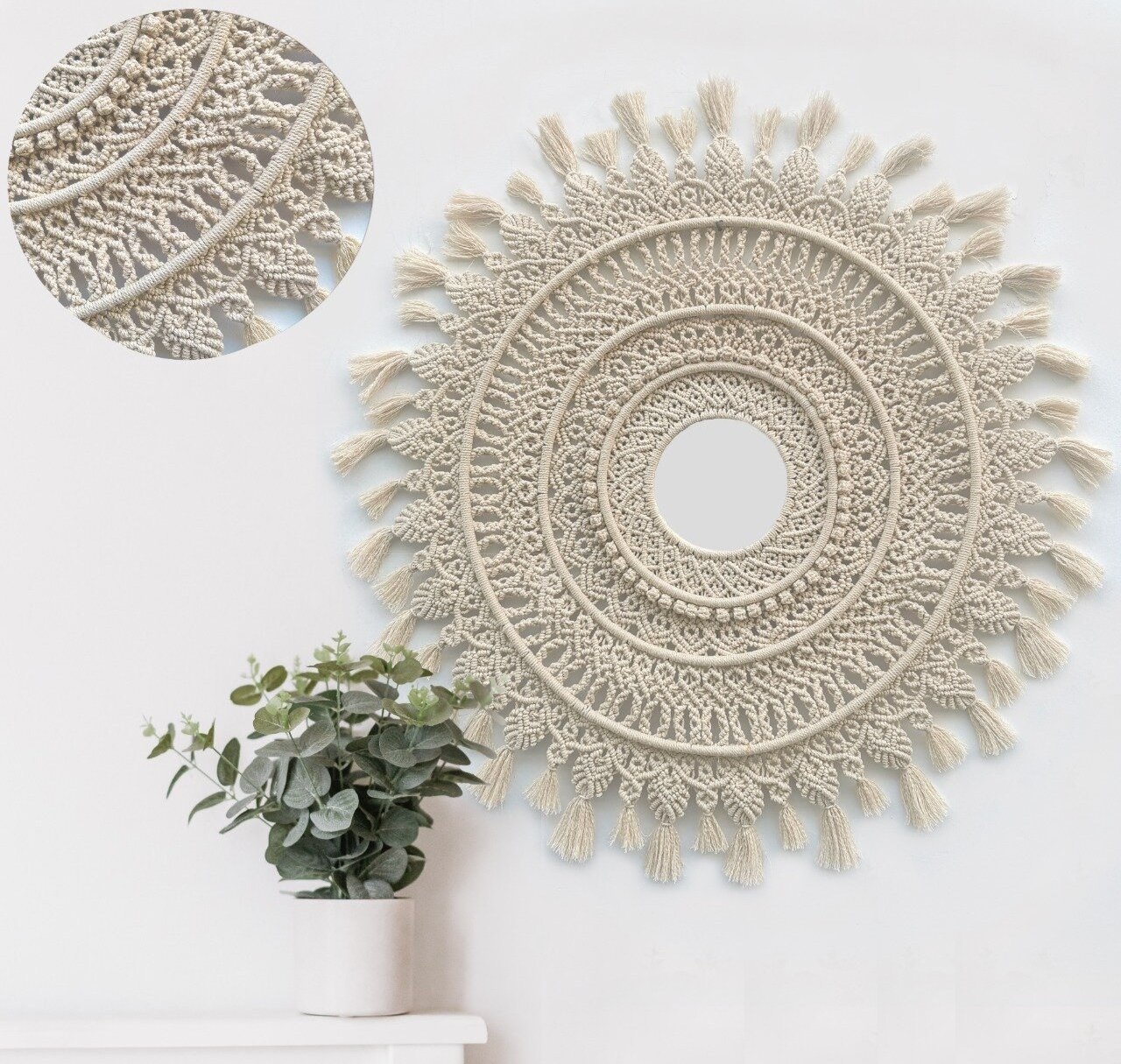 Boho White Mandala Tapestry Flat round Woven Macrame Wall Hanging Decor for Home Decor