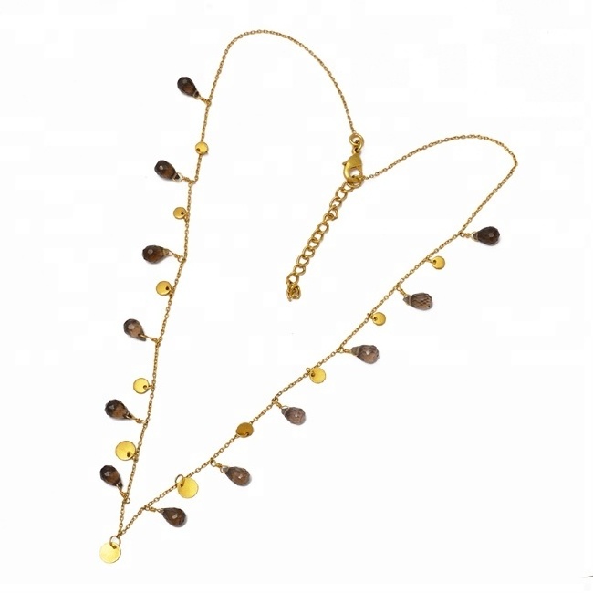 Gold Plated 925 Sterling Silver Roundel Beads Smoky Quartz Gold Plated Silver Necklace