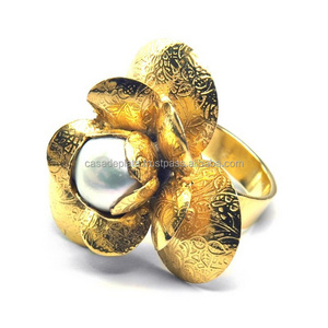 Huge flower center pearl 18k gold plated sterling silver ring