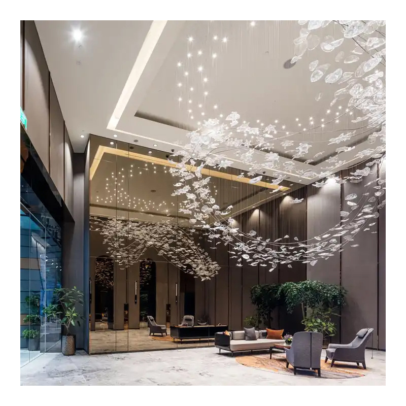 Customized luxury large transparent handmade art decorative glass leaf chandeliers for the hotel lobby and banquet hall