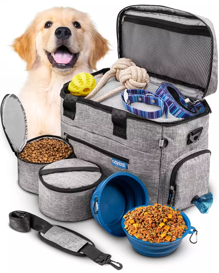 Dog Travel Bag for Supplies with 2 BPA Free Collapsible 2 Dog Food Travel Containers A Dog Travel Kit for Road Trips