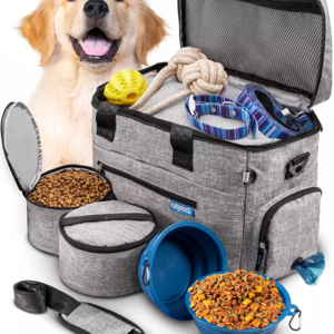 Dog Travel Bag for Supplies with 2 BPA Free Collapsible 2 Dog Food Travel Containers A Dog Travel Kit for Road Trips