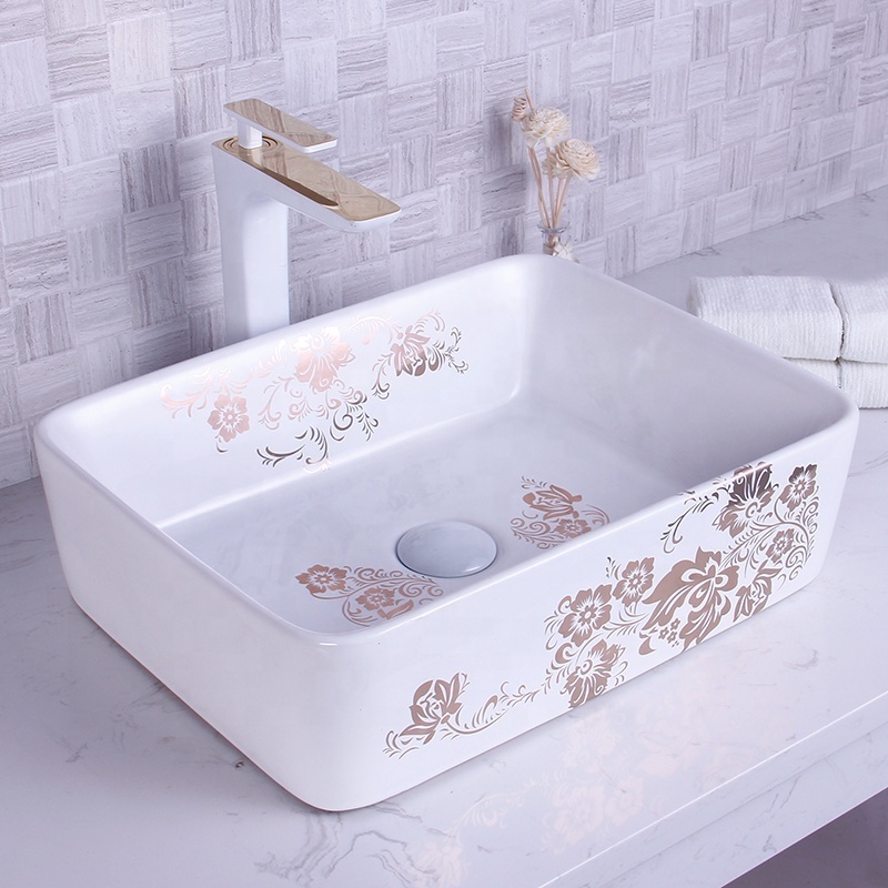 Gold Flowers Bathroom Porcelain Sink Modern Luxury Art Wash Basin