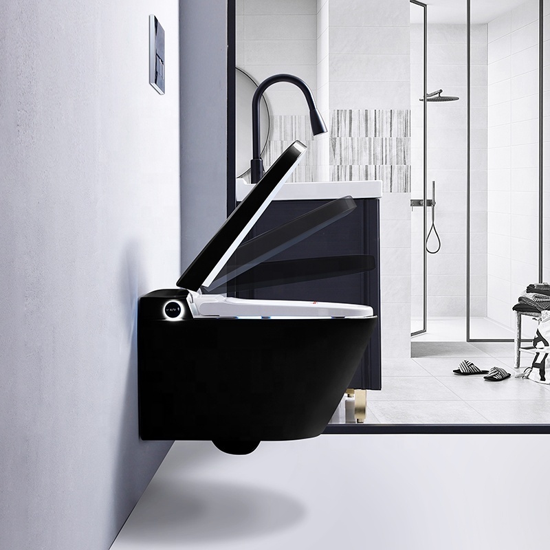 Modern Seat Heating Black Ceramic Automatic Intelligent Wc Bidet Smart Wall Hung Toilet