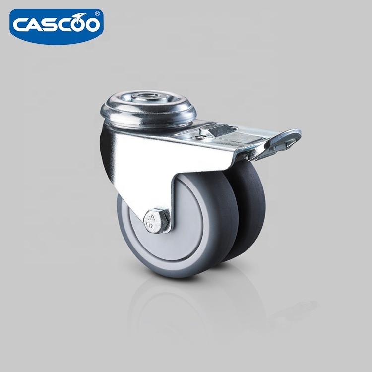 CASCOO european type swivel twin thermoplastic rubber wheels caster 75mm for aircraft meal trolley and medical caster