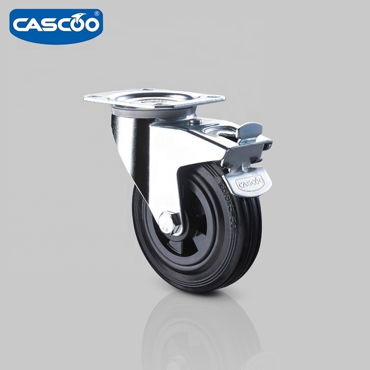 CASCOO 125/37.5 50 black solid rubber drywall cart trolley casters wheel with stopper for dustbins