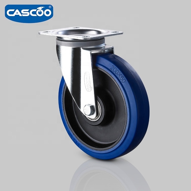 CASCOO 8 inch blue elastic industrial abrasive rubber caster wheels for trolley