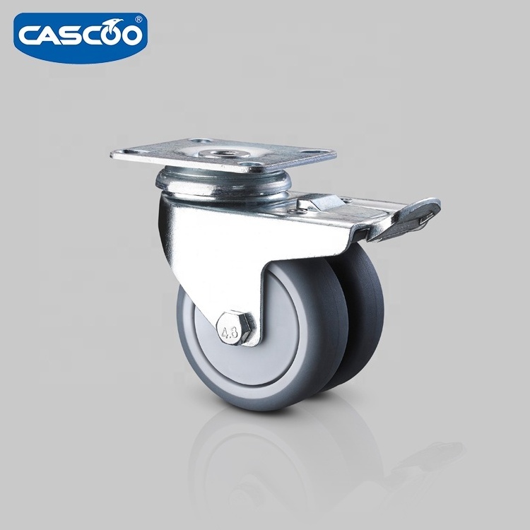 CASCOO european type swivel twin thermoplastic rubber wheels caster 75mm for aircraft meal trolley and medical caster