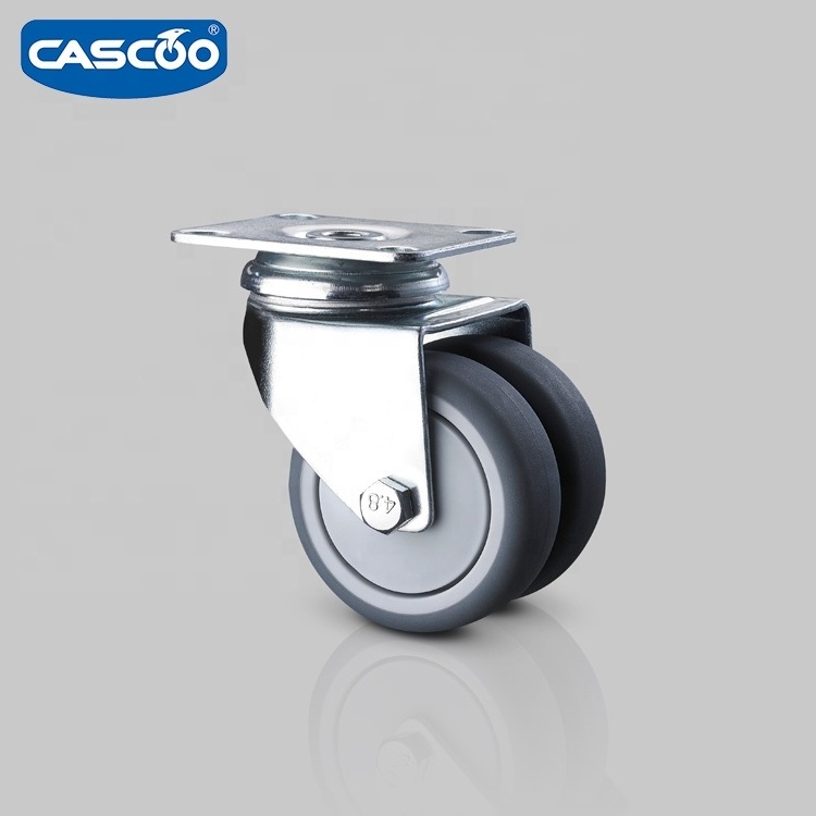 CASCOO european type swivel twin thermoplastic rubber wheels caster 75mm for aircraft meal trolley and medical caster