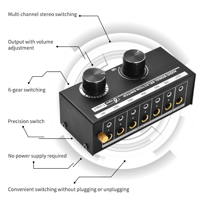 6-in-1-out Audio Signal Selector Switcher Audio Signal Selection Switch For Headphones and Speakers with Volume Control