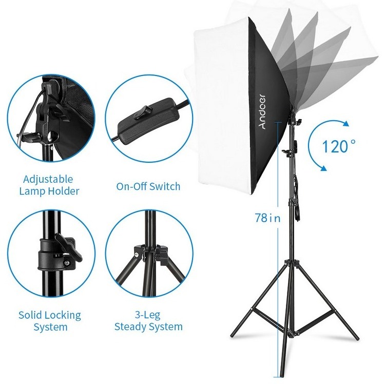 Professional Studio Photography Softbox Light Kit Including 50*70cm Softboxes/ Photography Umbrella/ 40W Light Bulbs/ 2M