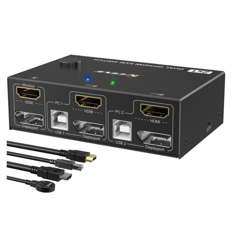 Dual Monitor KVM Switch HD and DP 2 Port 4K@60Hz HDMI DP Extended Display Switcher for 2 Computers Share 2 Monitors