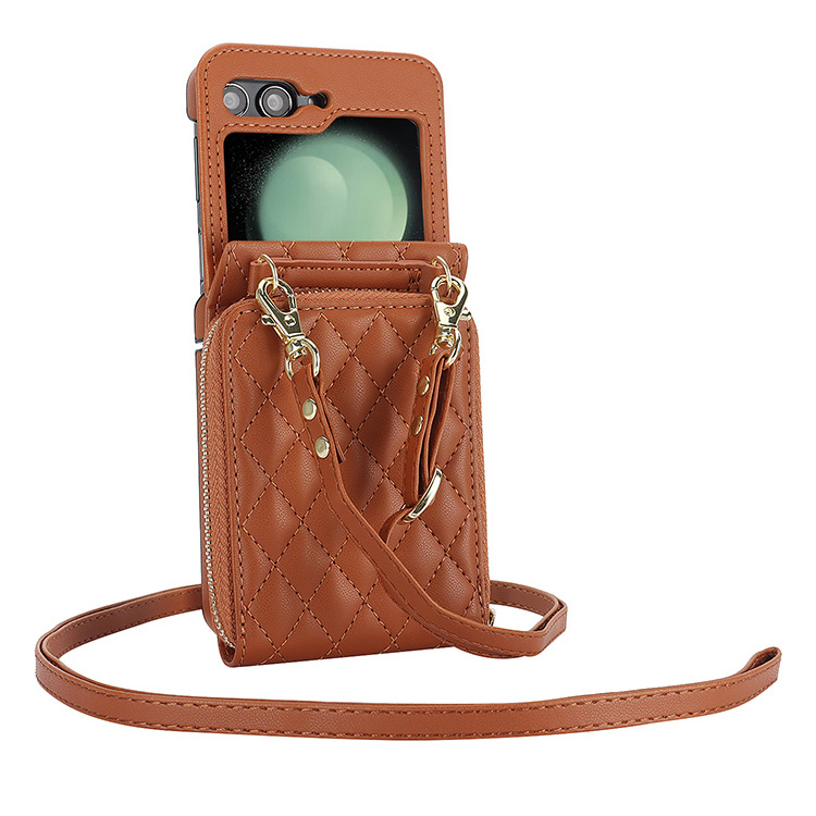 Luxury brown lanyard crossbody plaid vegan phone case with zipper card holder wallet for Samsung Z flip 5 4 3 Moto Razr 40