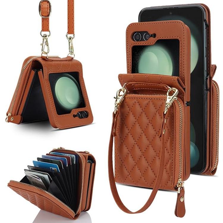 Luxury brown lanyard crossbody plaid vegan phone case with zipper card holder wallet for Samsung Z flip 5 4 3 Moto Razr 40