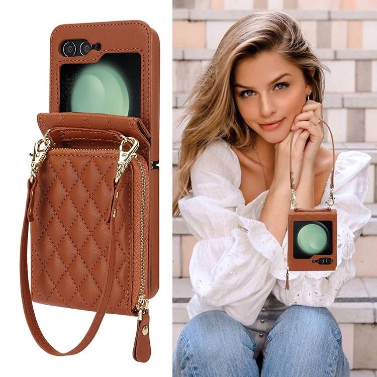 Luxury brown lanyard crossbody plaid vegan phone case with zipper card holder wallet for Samsung Z flip 5 4 3 Moto Razr 40