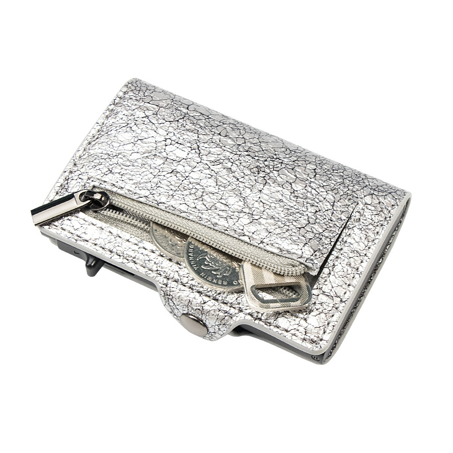 CASEKEY Silver Metallic Pu Leather Smart Popup Wallet Anti Theft RFID Wallet Automatic Coin Purse Zipper Wallet for Men