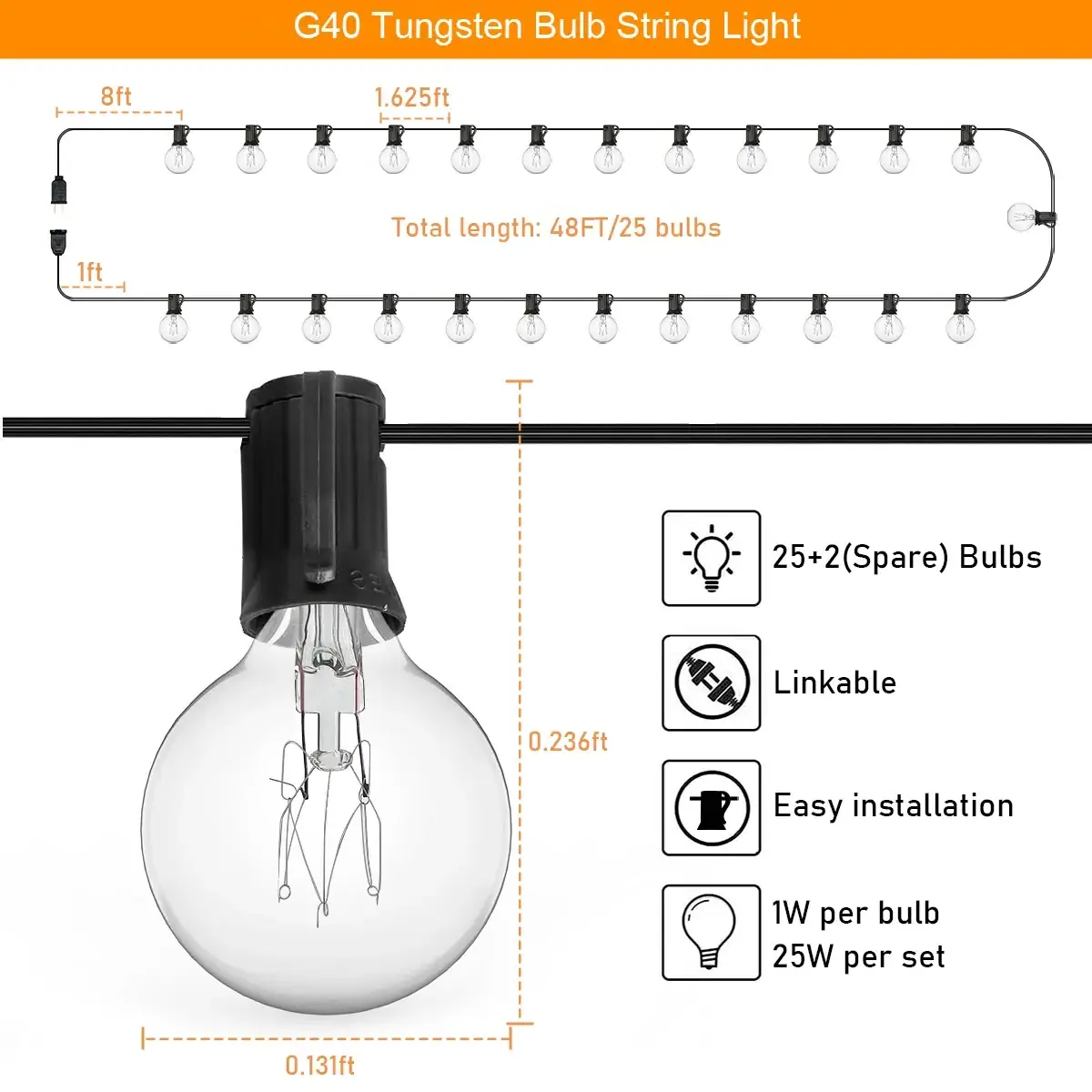 100ft G40 String Lights 100 Edison Style Globe Bulbs Black Wire Connectable Outdoor Led Light String