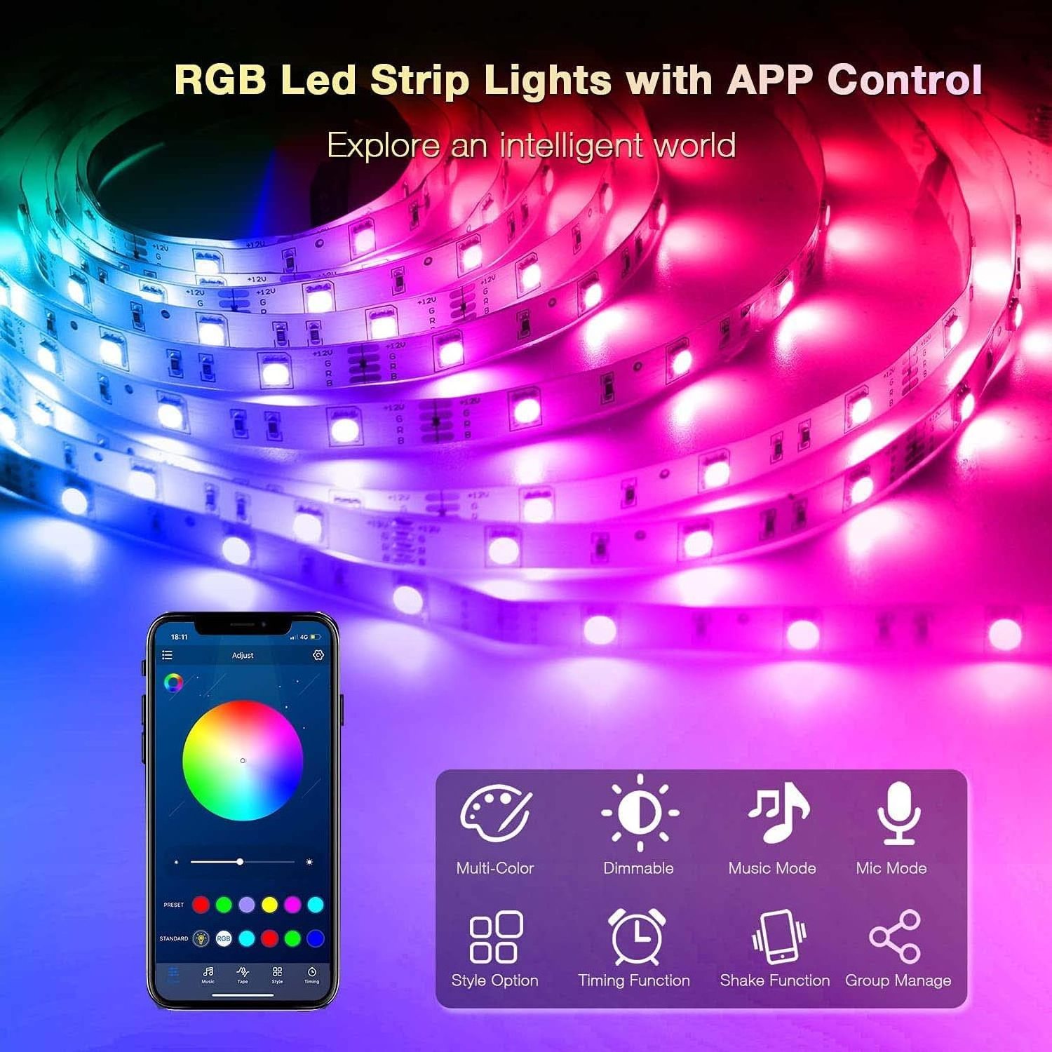 Smart Strip Lights Bluetooth Smart App Music Sync Rgb 5050 Color Changing Led Light Strip For Bedroom