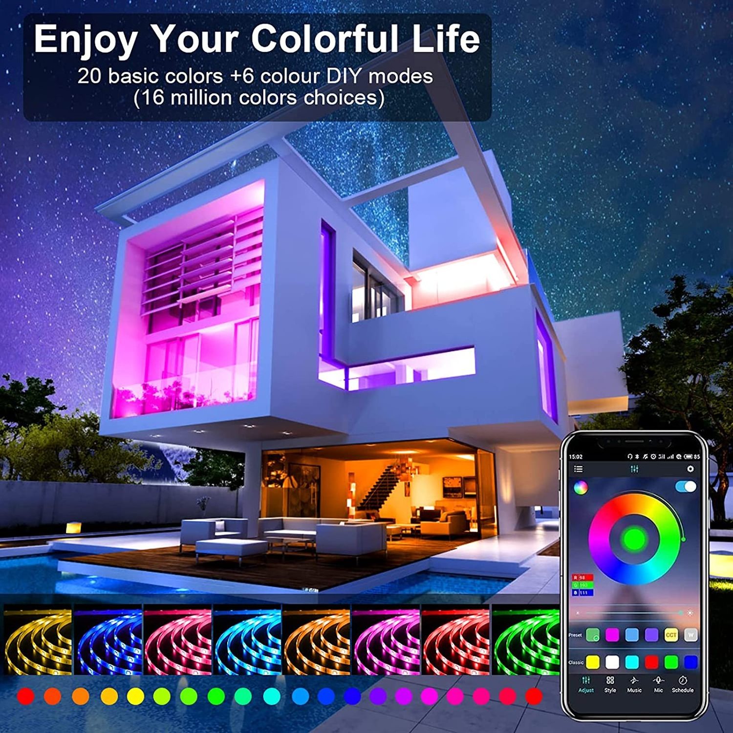 Smart Strip Lights Bluetooth Smart App Music Sync Rgb 5050 Color Changing Led Light Strip For Bedroom