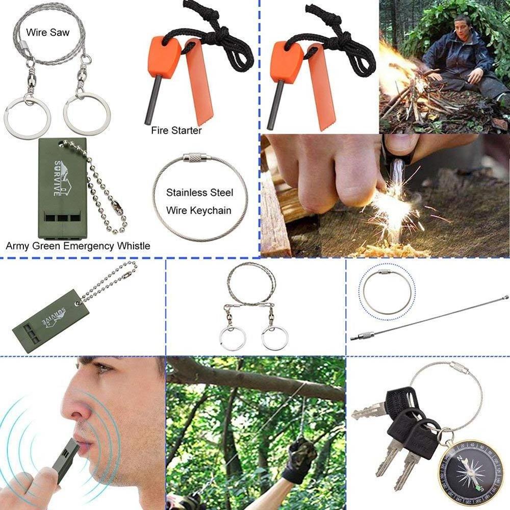 ISO approved emergency survival kit outdoor with flashlight, card multi tool, fire starter, water filter straw