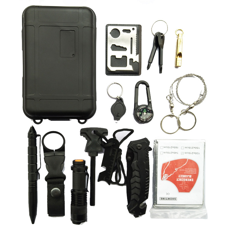 ISO approved emergency survival kit outdoor with flashlight, card multi tool, fire starter, water filter straw