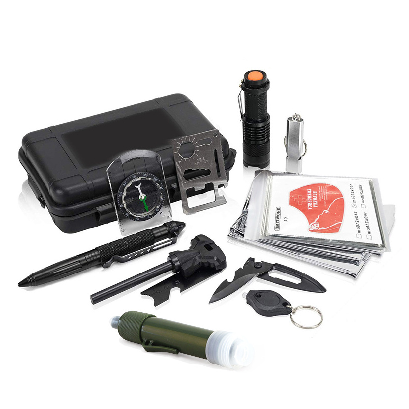 ISO approved emergency survival kit outdoor with flashlight, card multi tool, fire starter, water filter straw