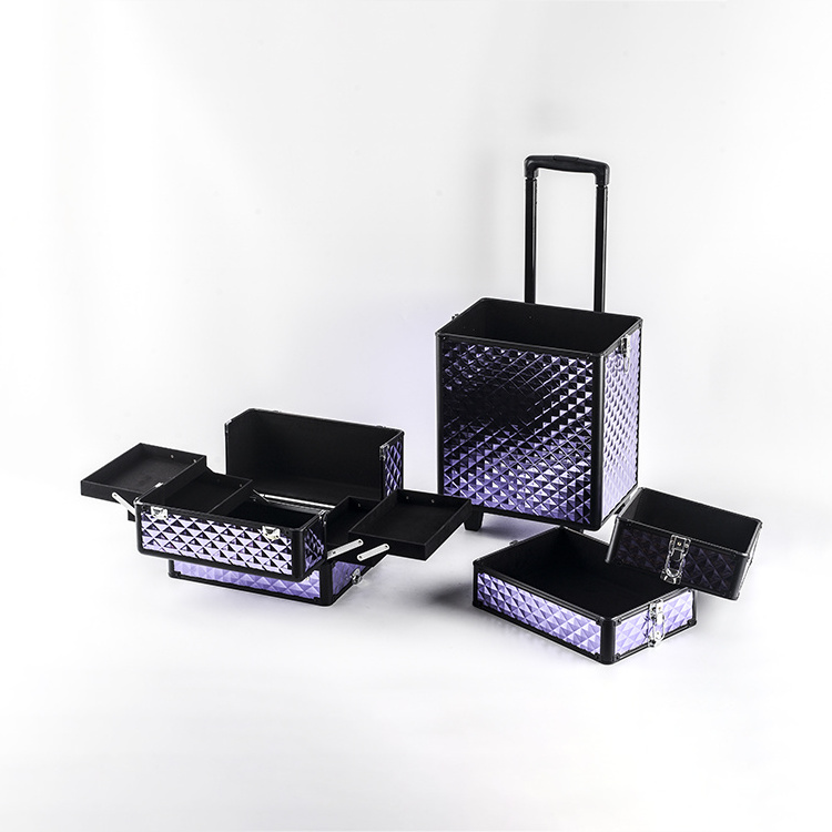 GLARY professional rolling makeup train case with trays travel makeup box suitcase multi-functional cosmetic trolley case box