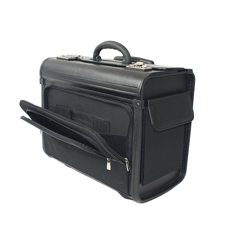 Glary Professional leather trolley pilot briefcase with wheel