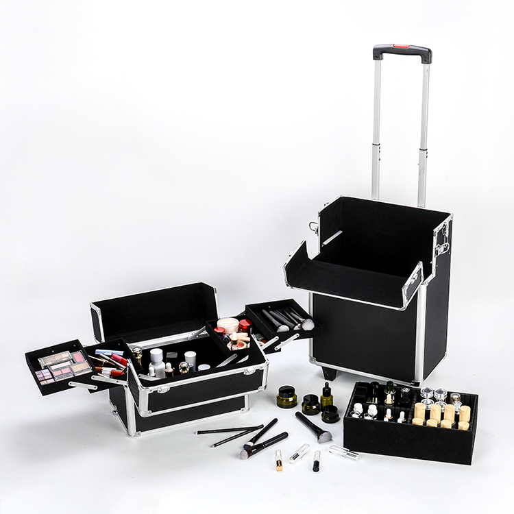 GLARY professional travel makeup case with wheels trolley makeup train case box high quality beauty makeup carrying case box