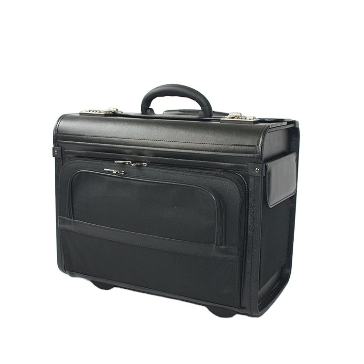 Glary Professional leather trolley pilot briefcase with wheel