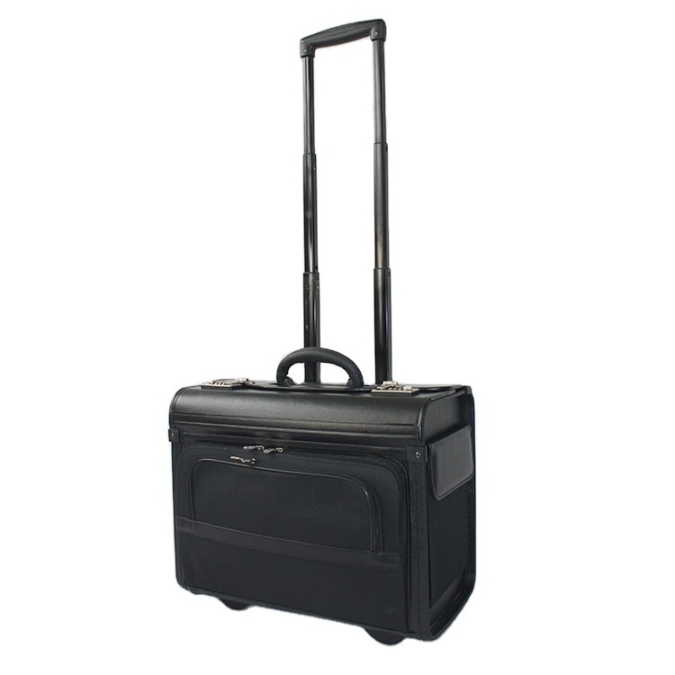 Glary Professional leather trolley pilot briefcase with wheel