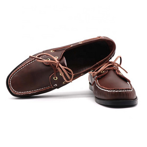 Dark Brown Oil Full Natural Cow Leather Upper Two-eyes Boat Shoes Lace-up Handmade Multi-color Loafer Shoes