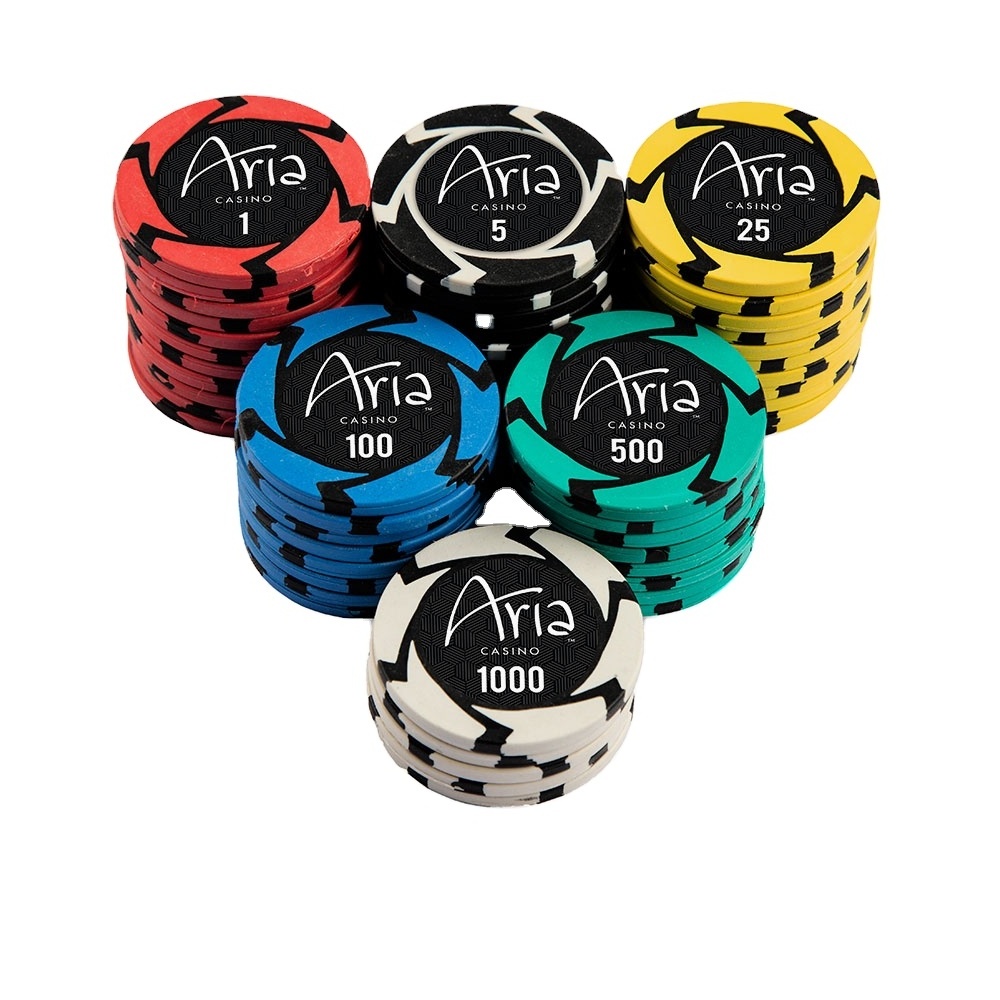 Casino quality clay poker chip with customised colour and logo in lay 14 gm casino chip Aria Poker Chips Baccarat Blackjack