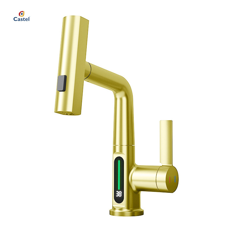 Waterfall Bathroom Faucets With Pull Down Sprayer Sink Faucet With Digital Temperature Display Height Adjustable Basin Tap