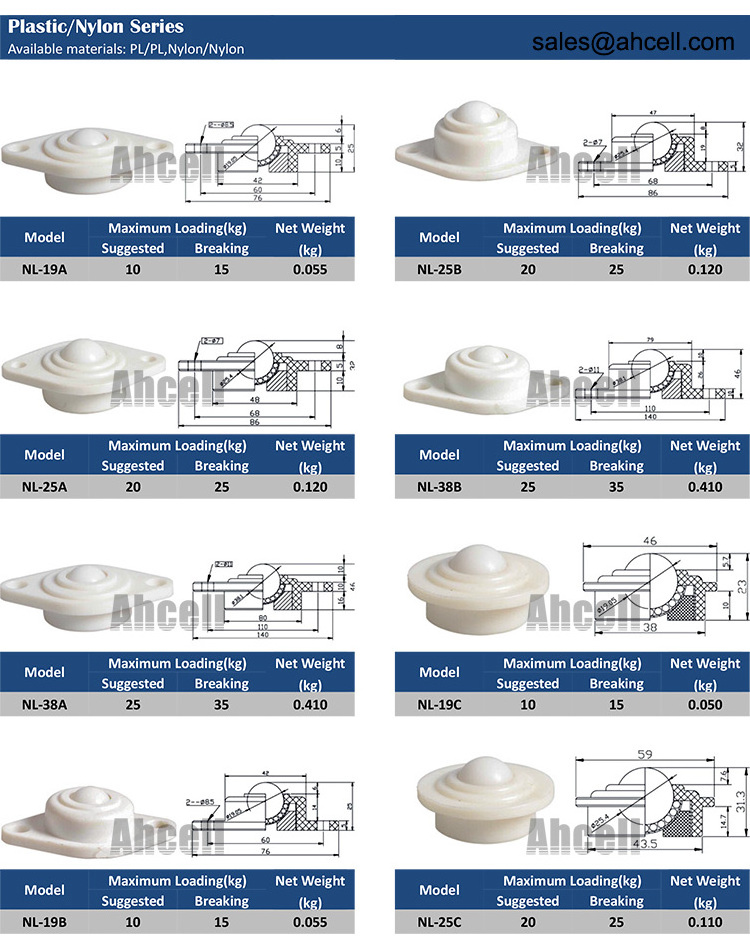 NL-19A NL-25A POM ABS nylon wheel electric plastic ball caster rubber gravity ball transfer conveyor roller