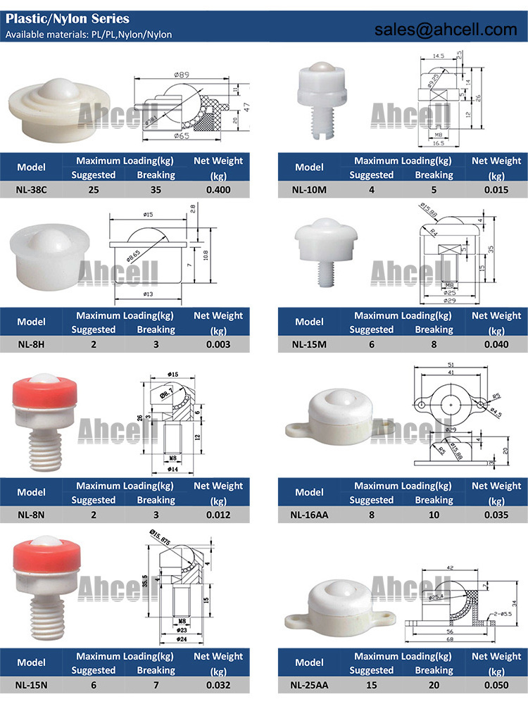 NL-19A NL-25A POM ABS nylon wheel electric plastic ball caster rubber gravity ball transfer conveyor roller