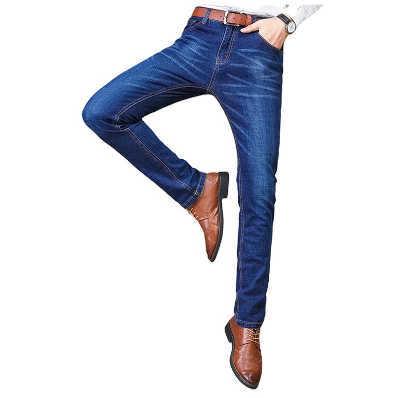 Straight Jeans Men's Pants Mid Waist Stretch Slim Business Casual Wholesale Cotton Light Bulbs Customized Logo Woven Lightweight