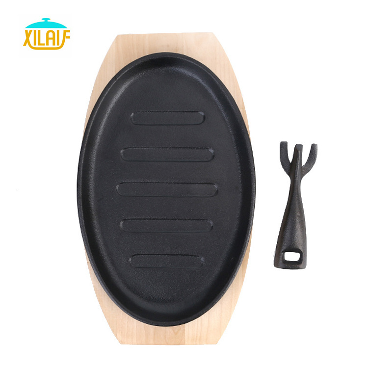 Hot selling  Cast Iron  frying pan skillet  steak plate cast iron grill pan sizzling hot plate with wooden base