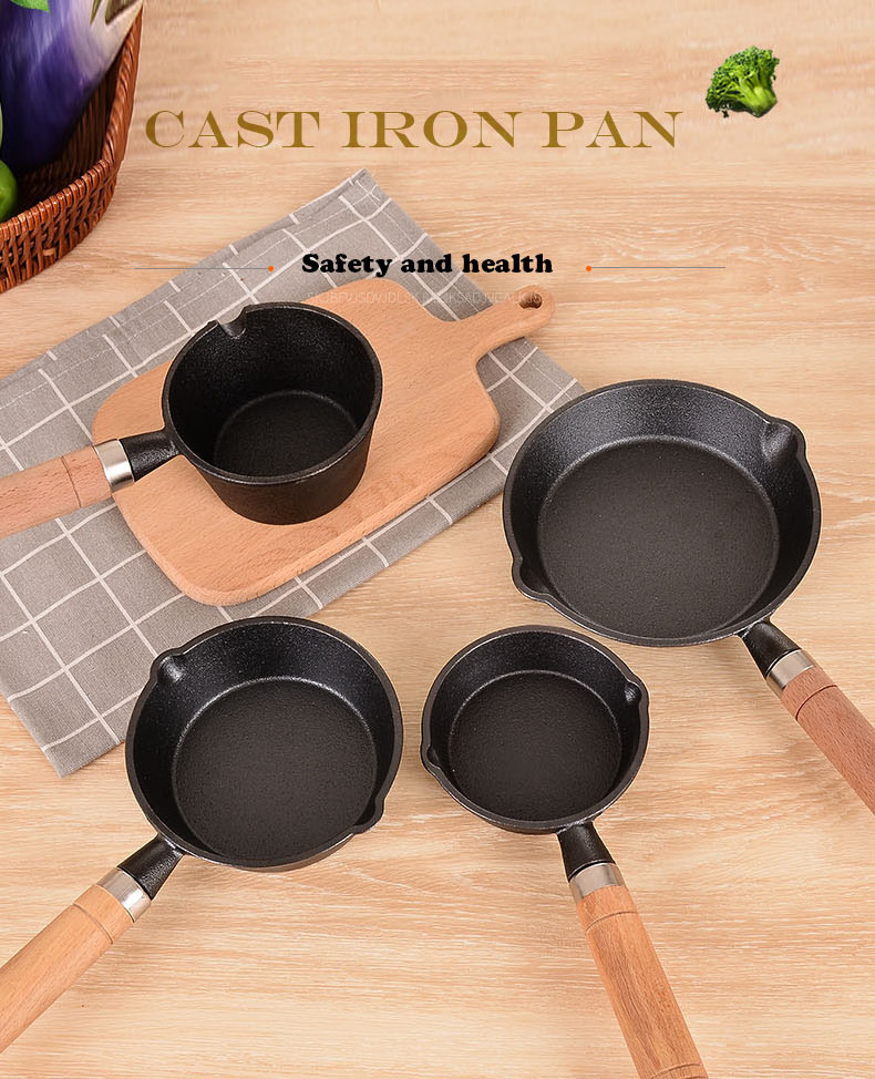 hot selling 11cm Cast Iron Oil Milk Pot with Wooden Handle Omelette Hot Frying Pan