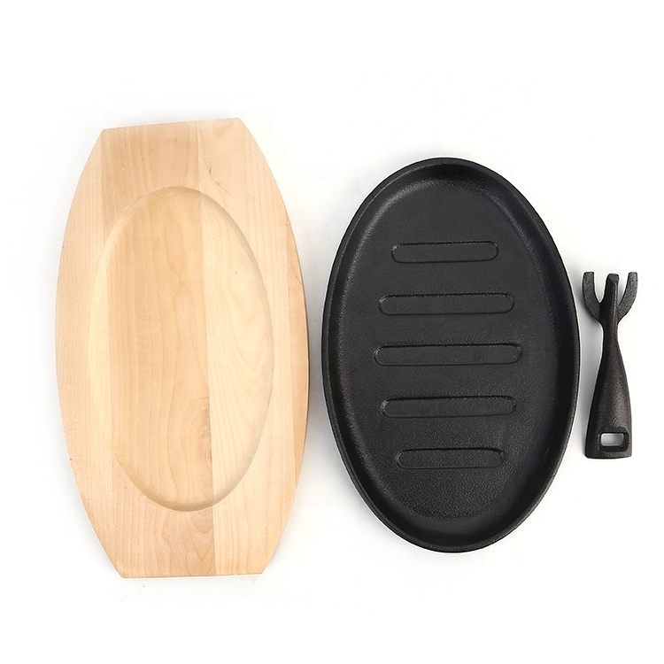 Hot selling  Cast Iron  frying pan skillet  steak plate cast iron grill pan sizzling hot plate with wooden base