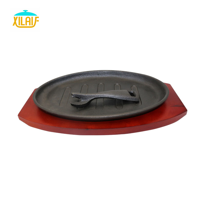 Hot selling  Cast Iron  frying pan skillet  steak plate cast iron grill pan sizzling hot plate with wooden base