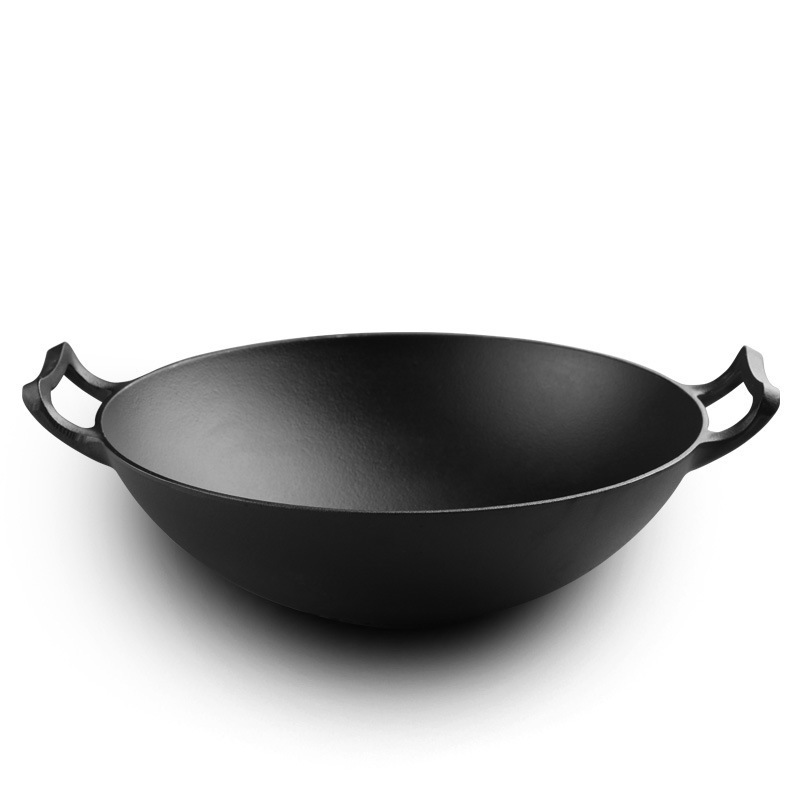 Wholesale Non-stick Cast Iron Woks Cookware Set Frying Pan with Double Iron Ears and Wooden Cover