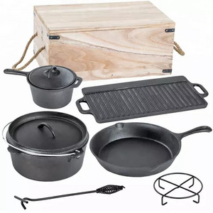 6 Pieces Cast Iron Cookware Sets Casseroles Frying Pan Griddle with Vintage Carrying Storage Box for Outdoor Camping