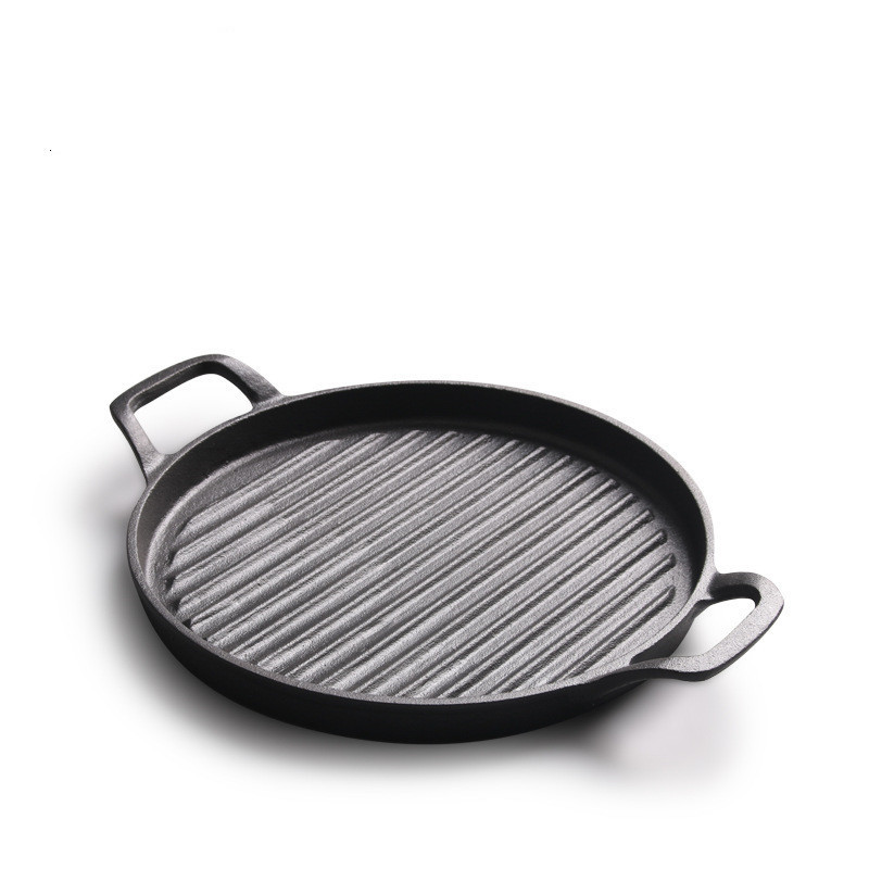 Household Kitchenware Cast Iron Pizza Grill Fry Pan Not Stick Griddle Pan Dual Handle BBQ Grill Round Roasting Pan